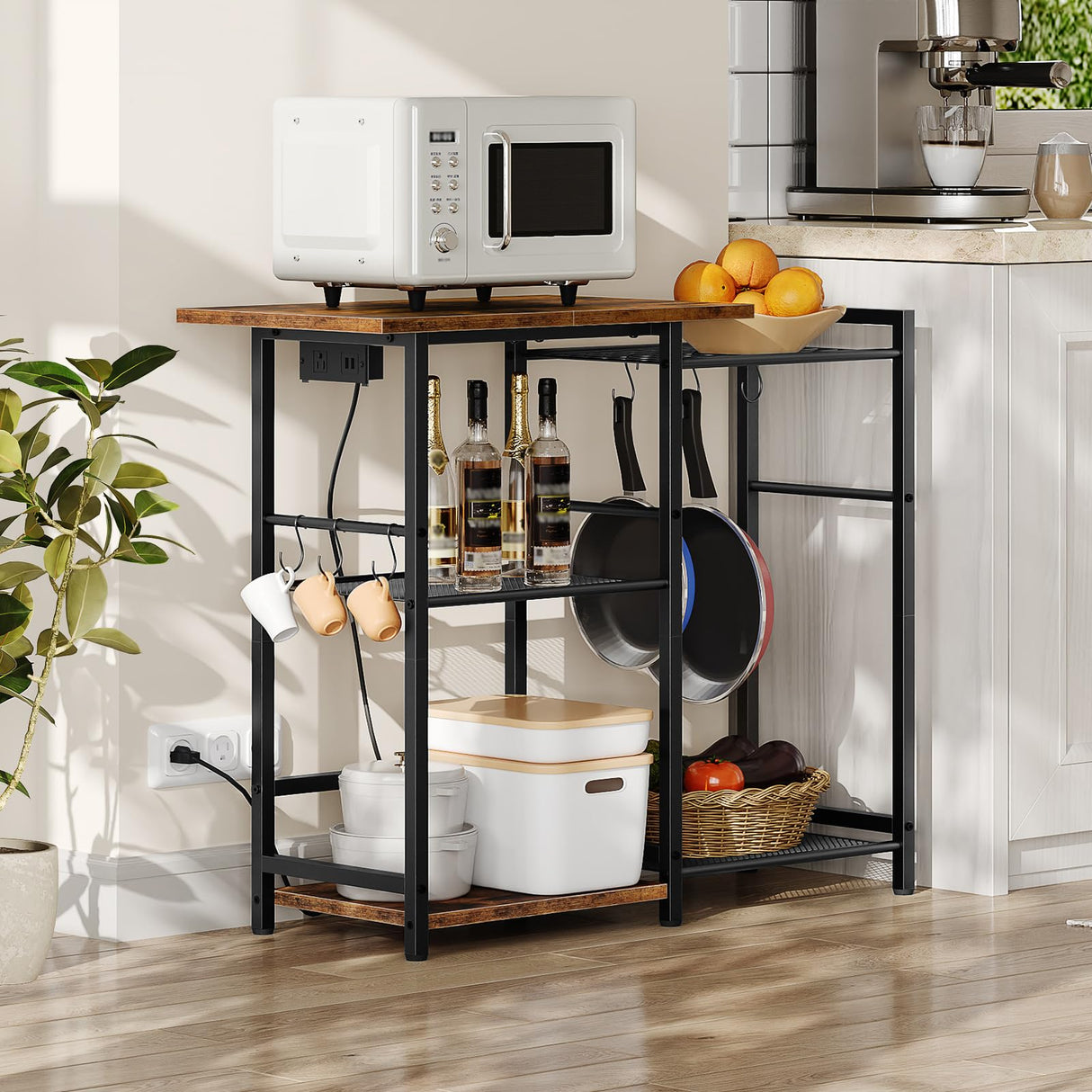 HOOBRO Bakers Rack with Pots Rack, Microwave Stand with Charging Station, Space-Saving Coffee Bar Industrial Bread Organizer, for Dining Room, Kitchen, Black and Rustic Brown BF15UHB01 HOOBRO