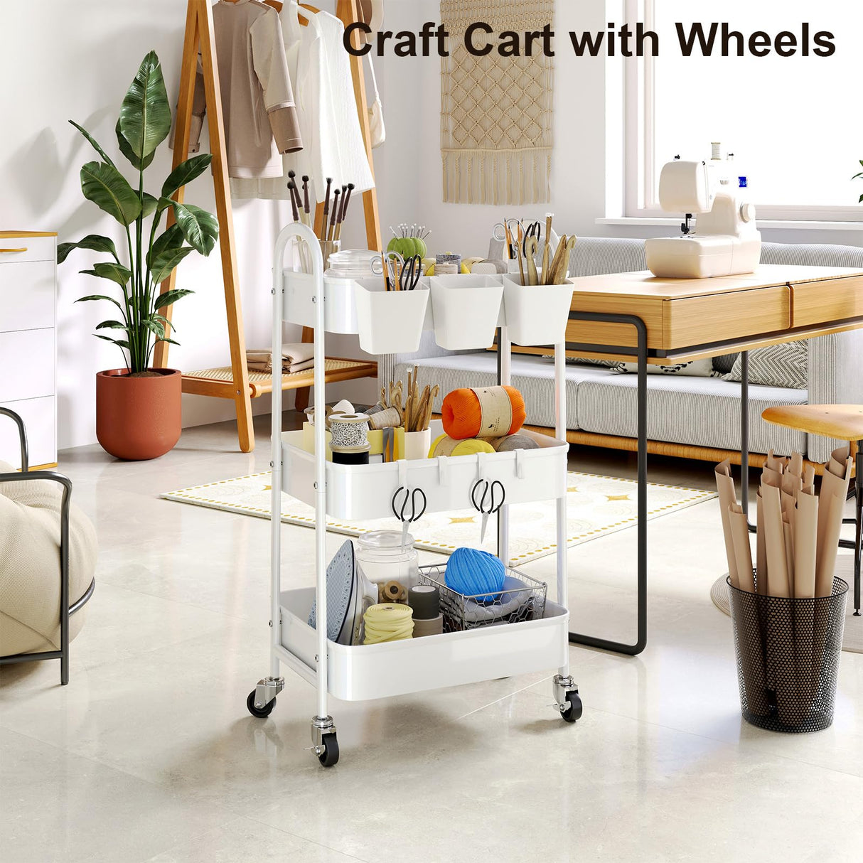 3 Tier Heavy Duty White Metal Rolling Cart with Lockable Wheels, Three Tier Roller Book Snack Cart, Utility Storage Organizer Carts for Kitchen, Bathroom, Garage, Baby Diaper, Craft, Art, Teacher Recximi