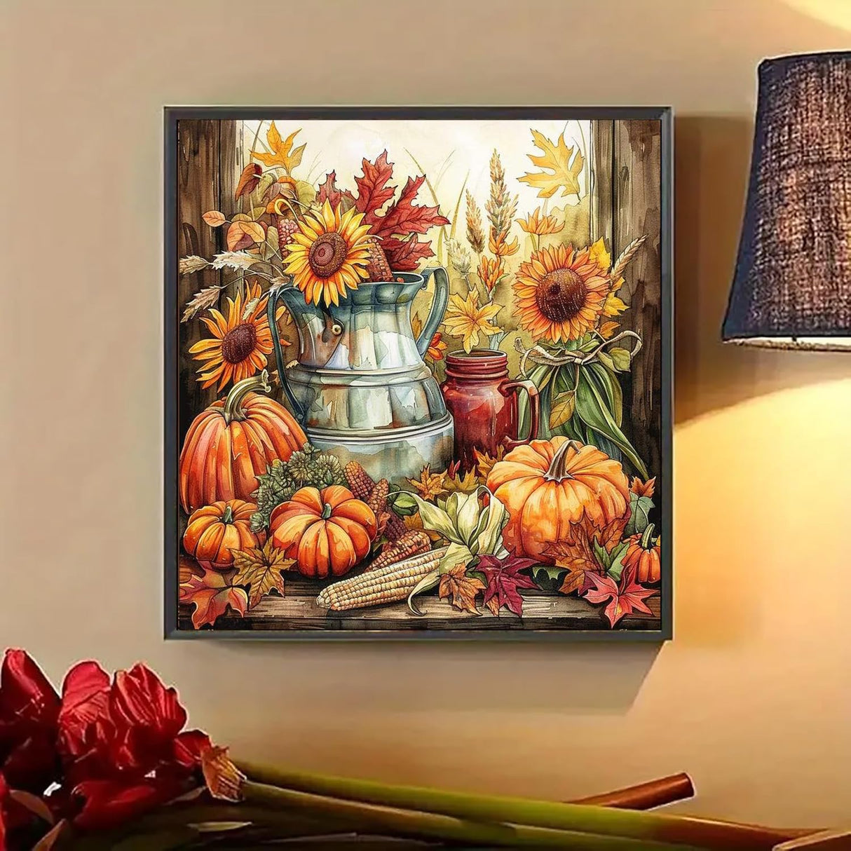 Fall Diamond Painting Kits for Adults Beginners, 5D DIY Diamond Art Kit, Full Round Drill Gem Crafts, Pumpkin Sunflower Diamonds Dot Paint with Numbers Mosaic Arts Craft, Home Decor 11.8x11.8Inch wavaiov