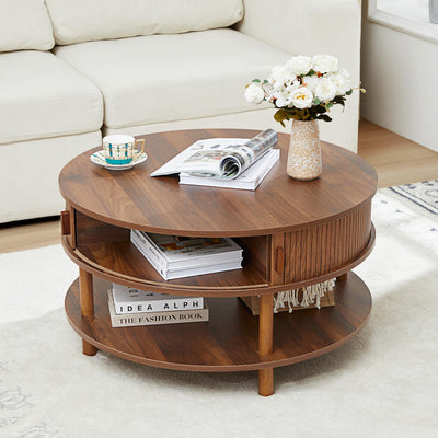 XUZENEST 31.5” Round Coffee Table with Storage, Mid Century Modern 2 Tier Coffee Table with Tambour Sliding Door, Solid Wood Legs Fluted Center Table for Living Room Home Office Small Space, Walnut