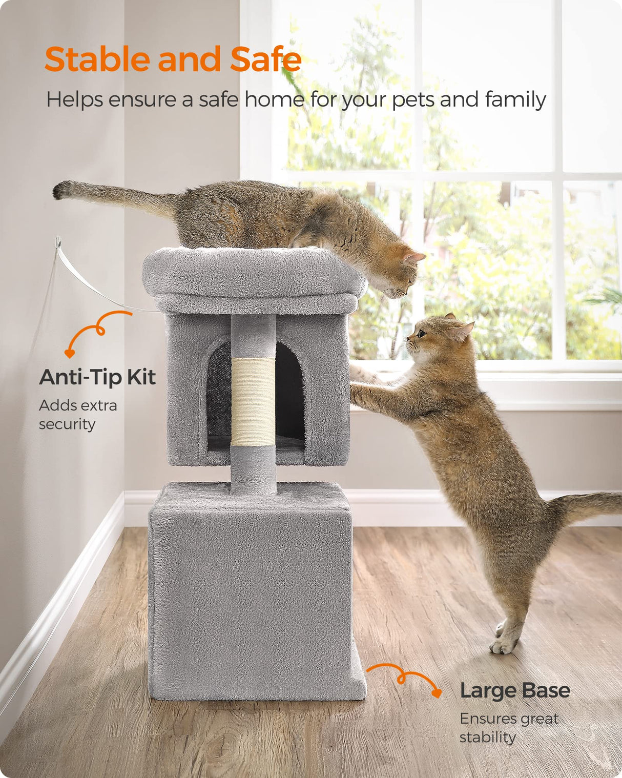 Feandrea Cat Tree, 26.4-Inch Cat Tower, S, Cat Condo for Kittens up to 7 lb, Large Cat Perch, 2 Cat Caves, Scratching Post, Light Gray UPCT611W01 Feandrea