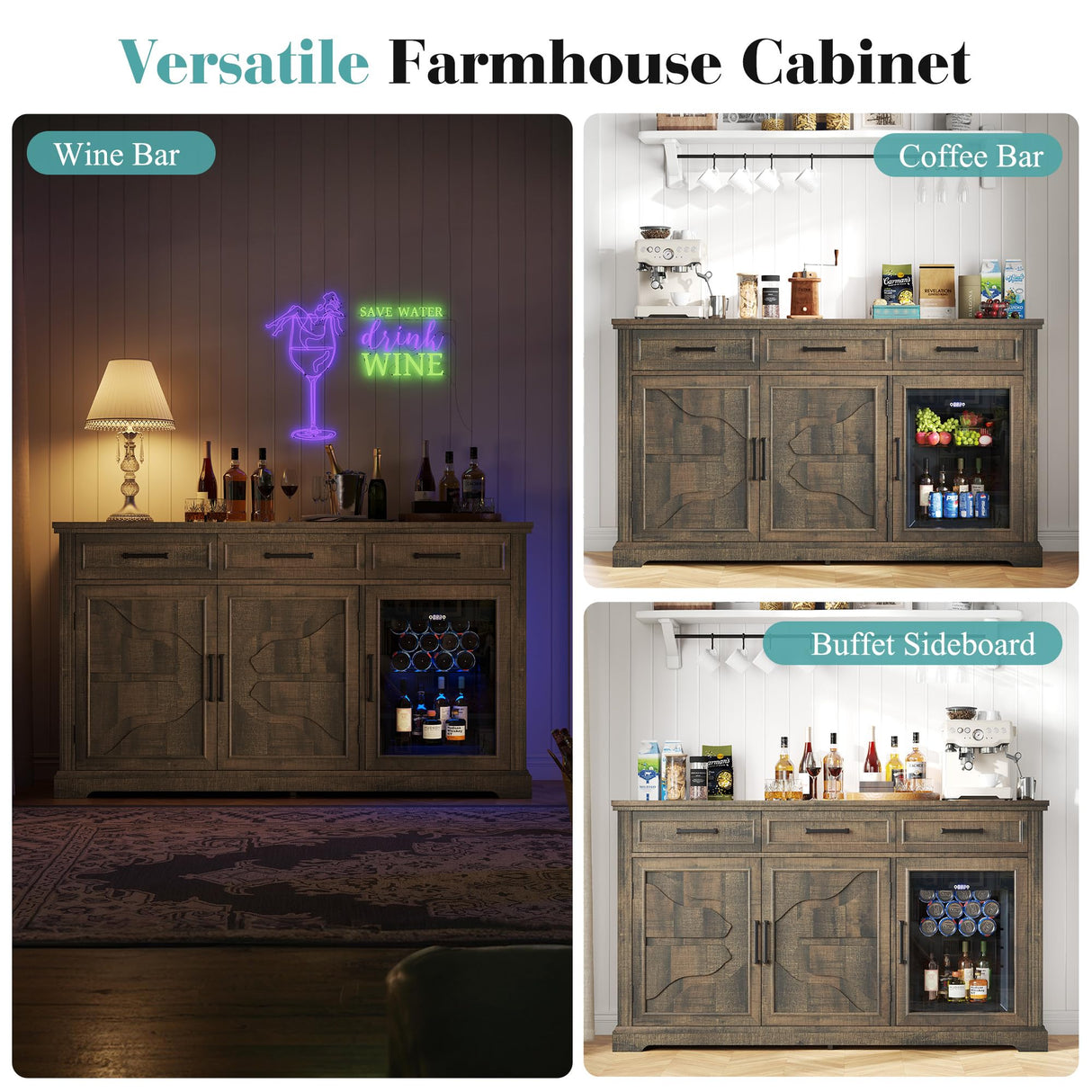 LUXOAK 60" Farmhouse Coffee Bar Cabinet with Beverage Fridge (Included), Wine Bar Cabinet with Drawer Storage, Mini Fridge Cabinet, Sideboard Cabinet for Dining Room, Living Room-Brown LUXOAK