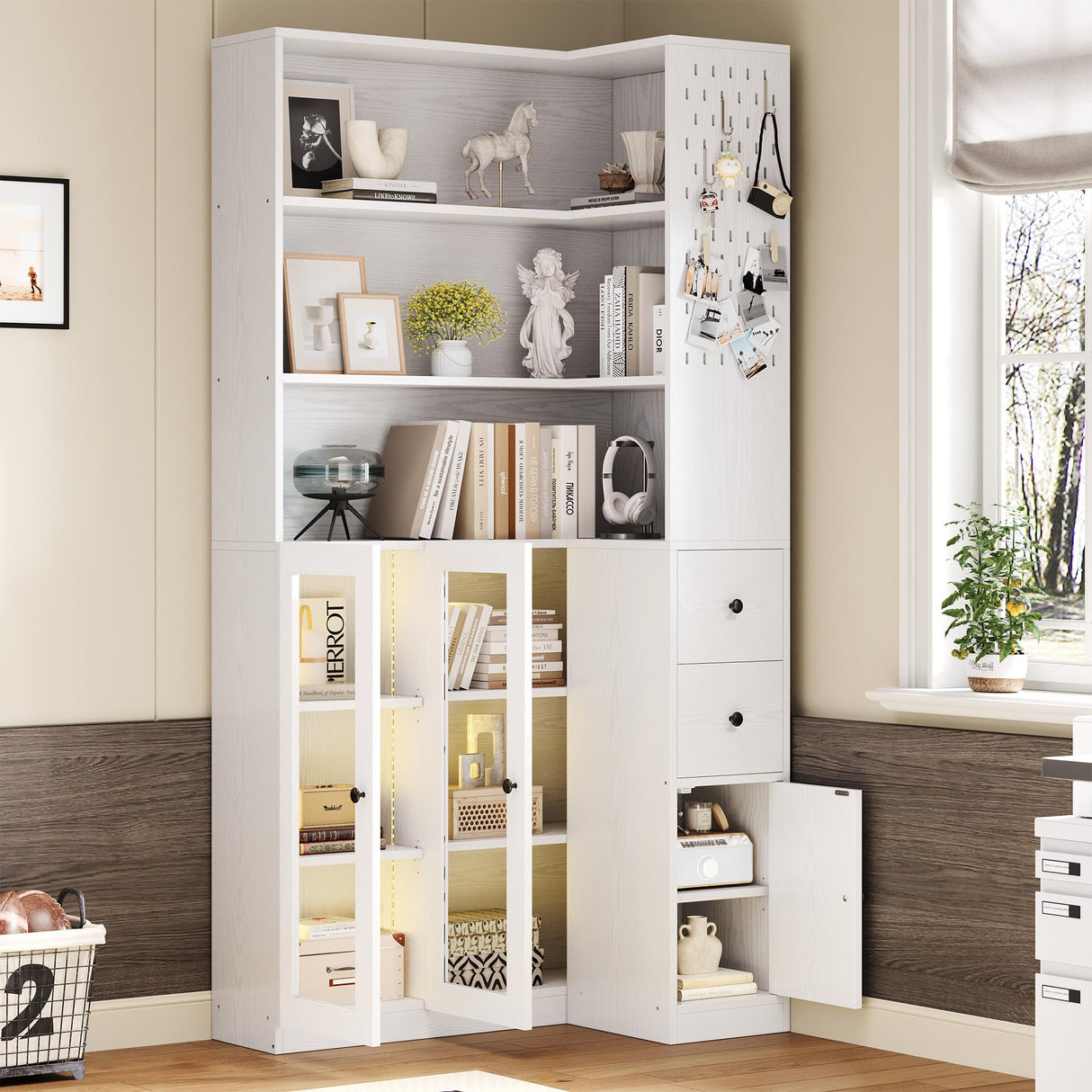 IRONCK Corner Bookshelf with LED Lights, 78.7" Tall Corner Bookshelves with 2 Drawers & Transparent Doors, 7 Tiers L-Shaped Bookcase with Open Shelves and Pegboards for Living Room, Home Office, White IRONCK