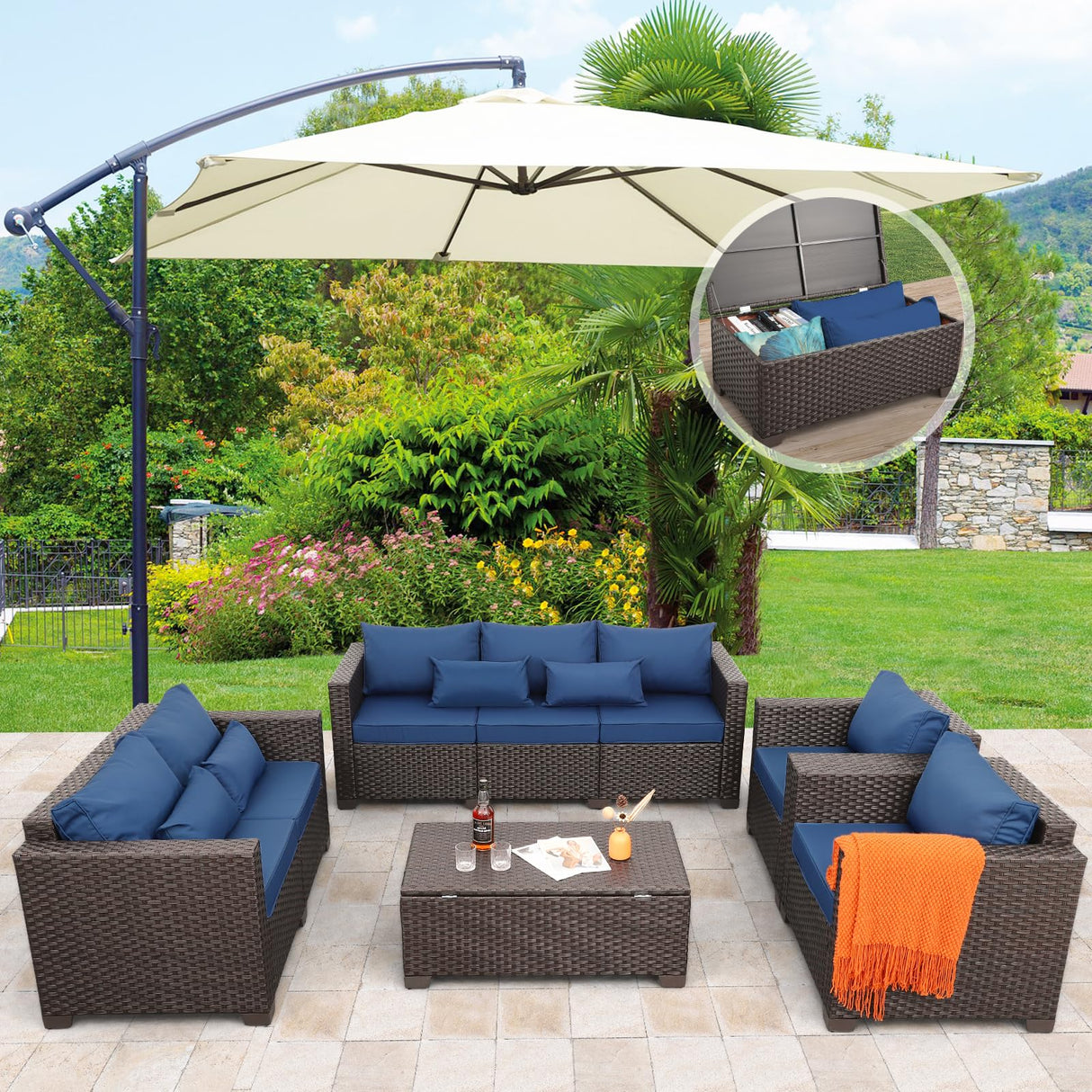 Rattaner Patio Furniture Set 5 Pieces Outdoor Furniture Set Outdoor Couch Coffee Table with Storage No-Slip Cushions and Waterproof Covers, Navy Blue Rattaner