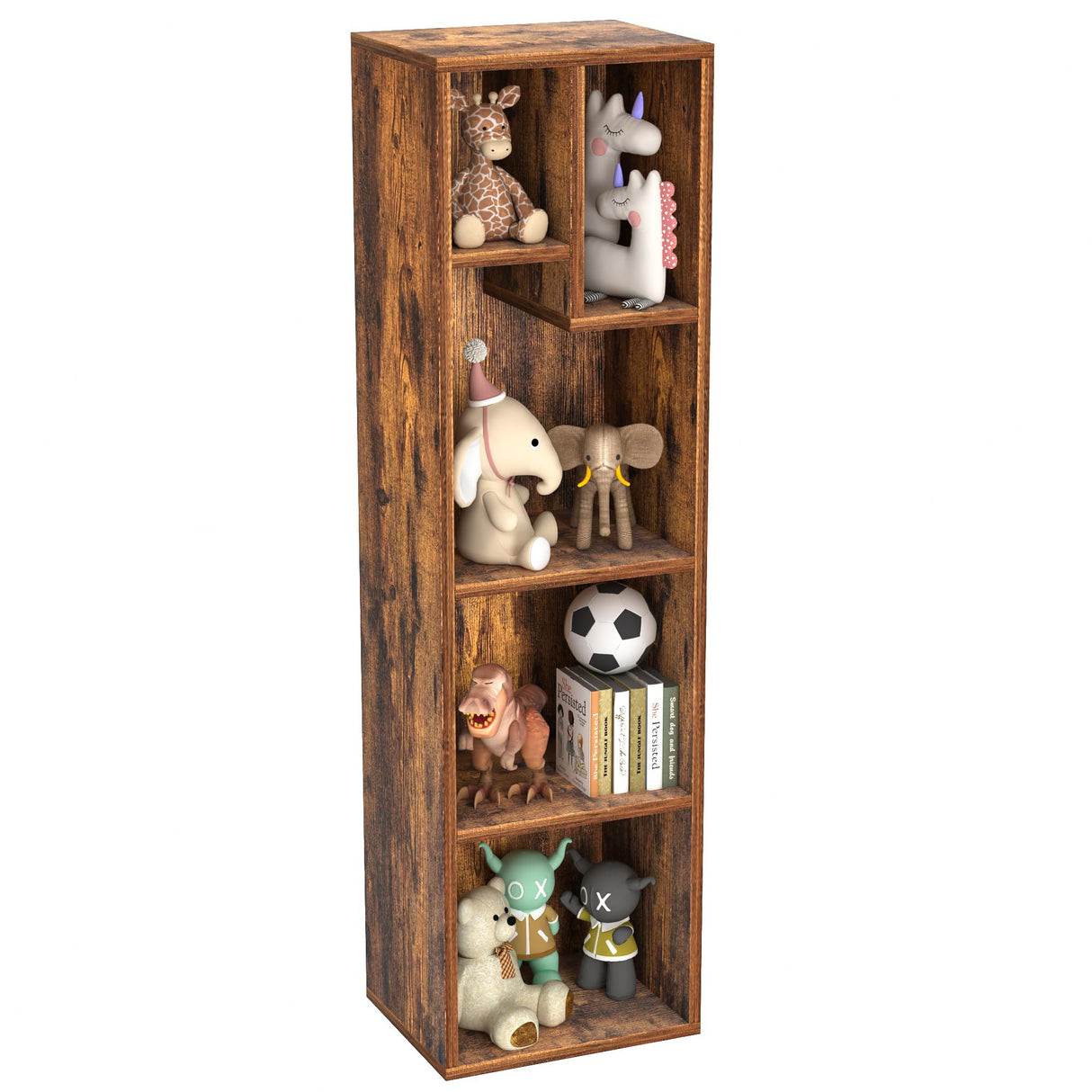VECELO Small Bookshelf, 5 Cube Slim Bookcase, Fits Tallest Hardcovers, Horizontal Available, Modern Floor Standing Unit, Each Shelf Hold Up to 66 LBS, Vintage Brown VECELO