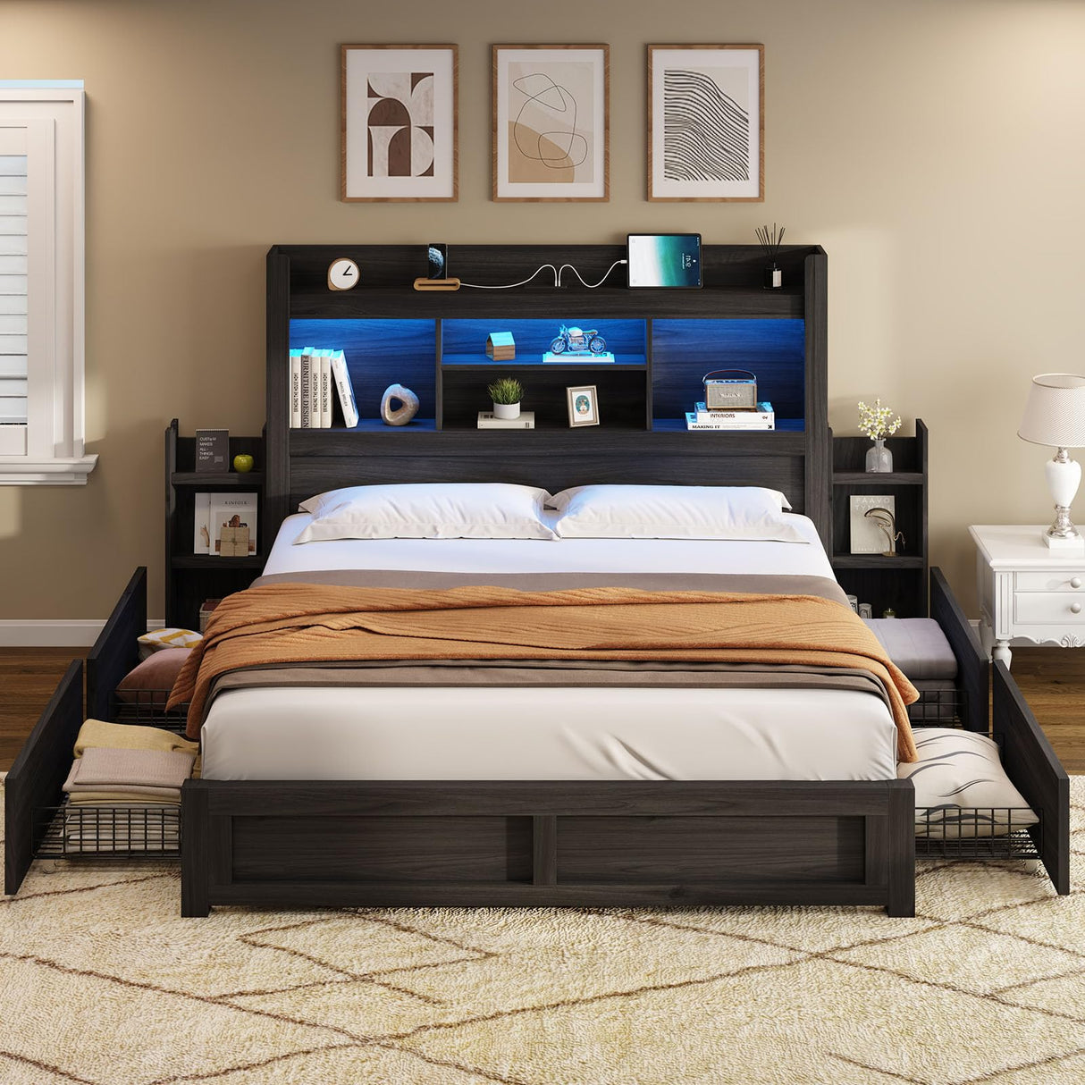 AMERLIFE Full Size Bed Frame with 4 Storage Drawers, LED Bed Frame with 49.6" Tall Bookcase Headboard, Wood Platform Bed with Charging Station & 2 Slide Bedside Shelf, No Box Spring Needed/Black AMERLIFE