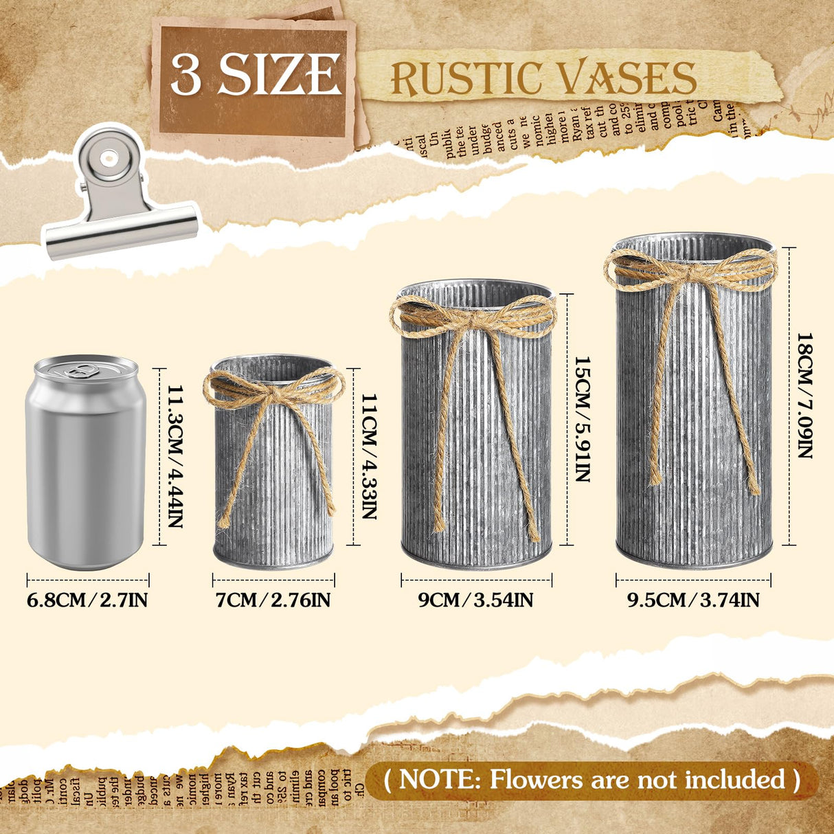 Zonon 3 Pcs Farmhouse Vase Decor with Twine Bow 4.33" Galvanized Flower Bucket 5.91" Metal Pots 7.09" Rustic Decorated Vases for Artificial Flowers Home Table Weddings Decor (Black) Zonon