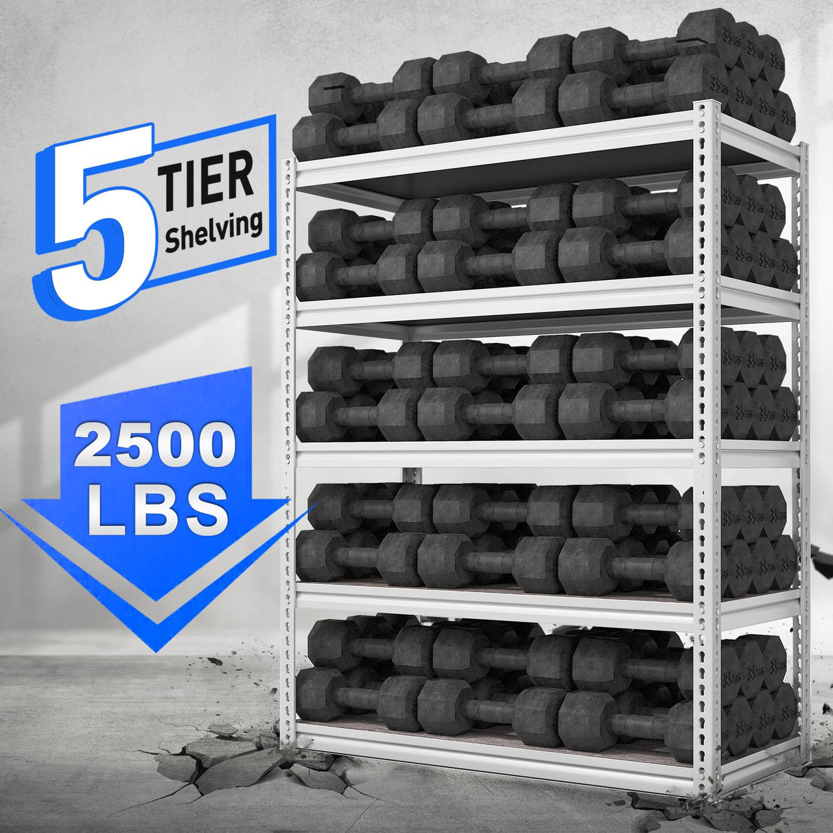 REIBII 65.74" H x 33.85" W x 15.35" D Storage Shelves, 2500LBS Adjustable Metal Shelving Unit, 5 Tier White Shelves for Pantry, Garage, Kitchen, Warehouse, White REIBII