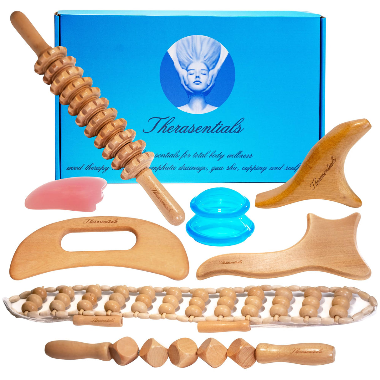 Wood Therapy Massage Tools 8-in-1, Lymphatic Drainage Massager, Maderoterapia Kit - Anti Cellulite Complete Body Sculpting Tools for Total Relaxation & Relief - Massager Tool for Anti Aging Therasentials