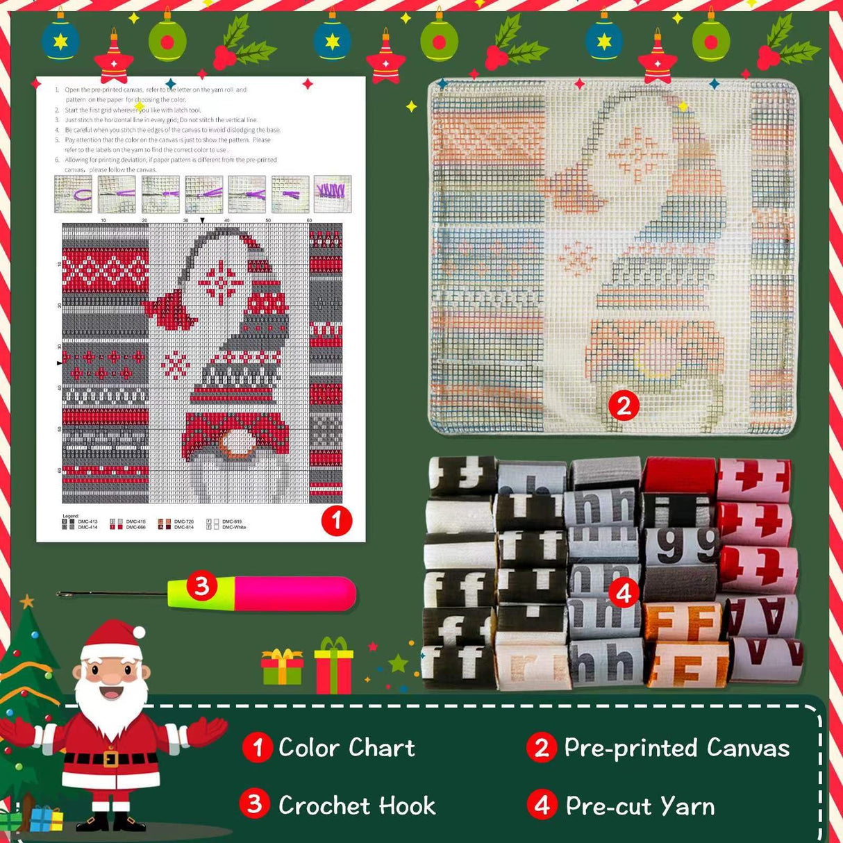 LAPATAIN Latch Hook Kits for DIY Throw Pillow Cover,Needlework Cushion Cover Hand Craft Crochet for Great Family 17X17inch Christmas Hat LAPATAIN