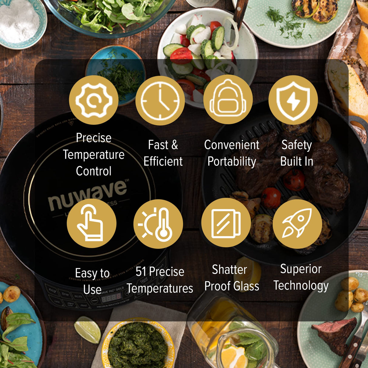 Nuwave Precision Induction Cooktop Gold, 12” Shatter-Proof Ceramic Glass Surface, Large 8” Heating Coil, Portable, 51Temp Settings 100°F to 575°F, 3 Wattage Settings 600, 900, and 1500 Watts Nuwave