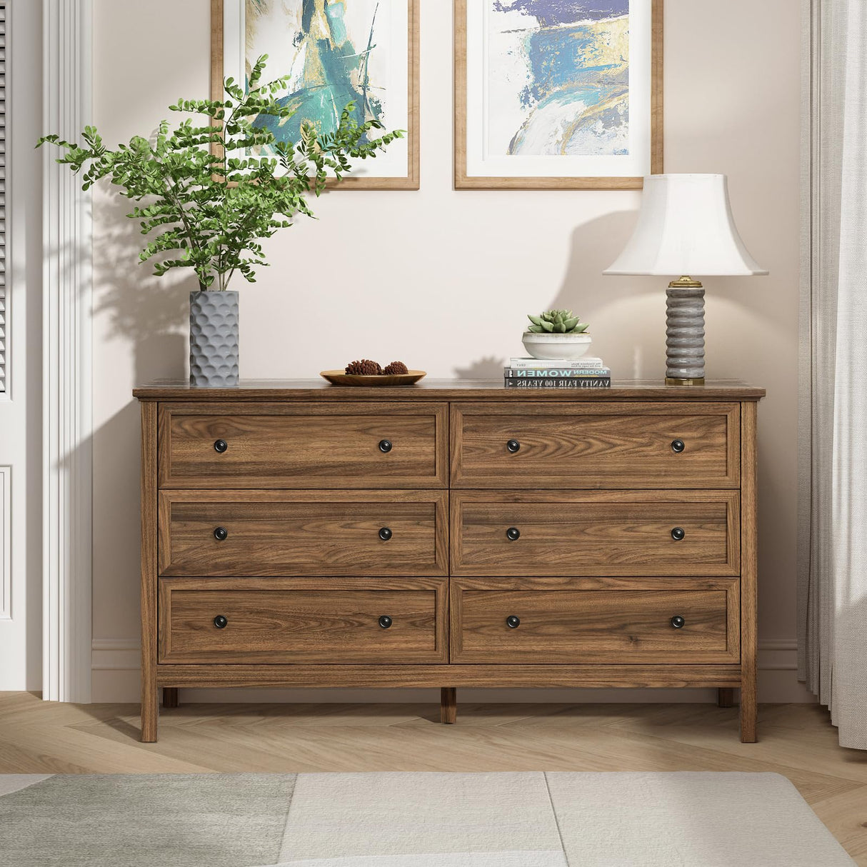 CARPETNAL 55" Walnut Dresser for Bedroom, 6 Drawer Dresser with Wide Drawer and Metal Handles, Wood Dressers & Chests of Drawers for Hallway, Entryway. CARPETNAL