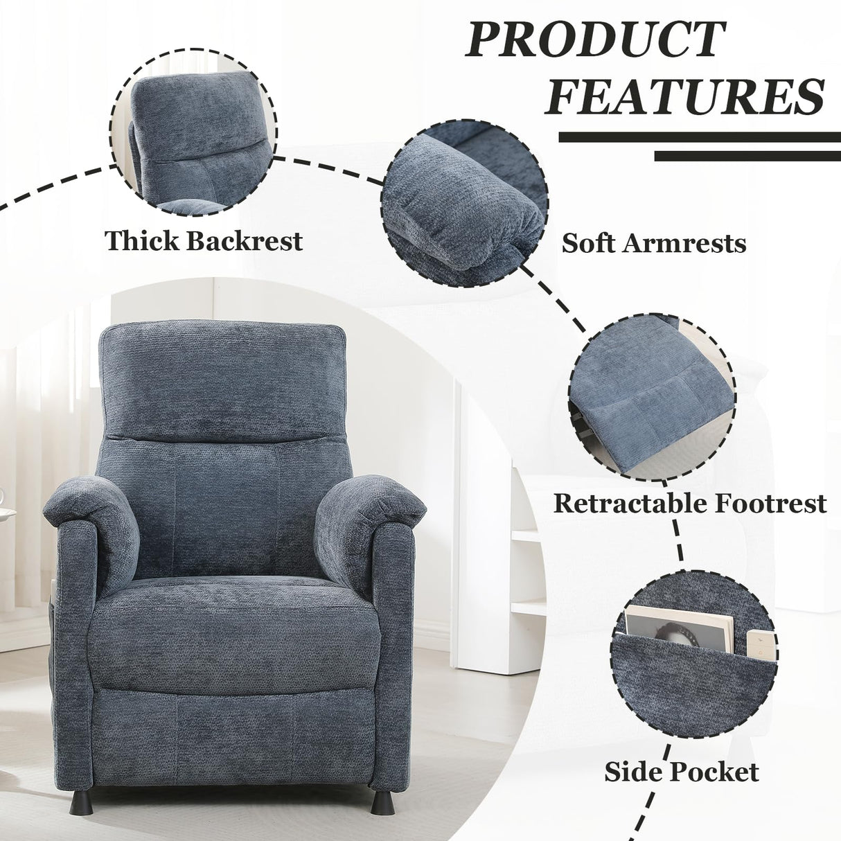 Chenille Power Recliner Chair for Living Room Bedroom|Electric|Remote Control|Side Pockets|Small|Adults (Blue) Anwick