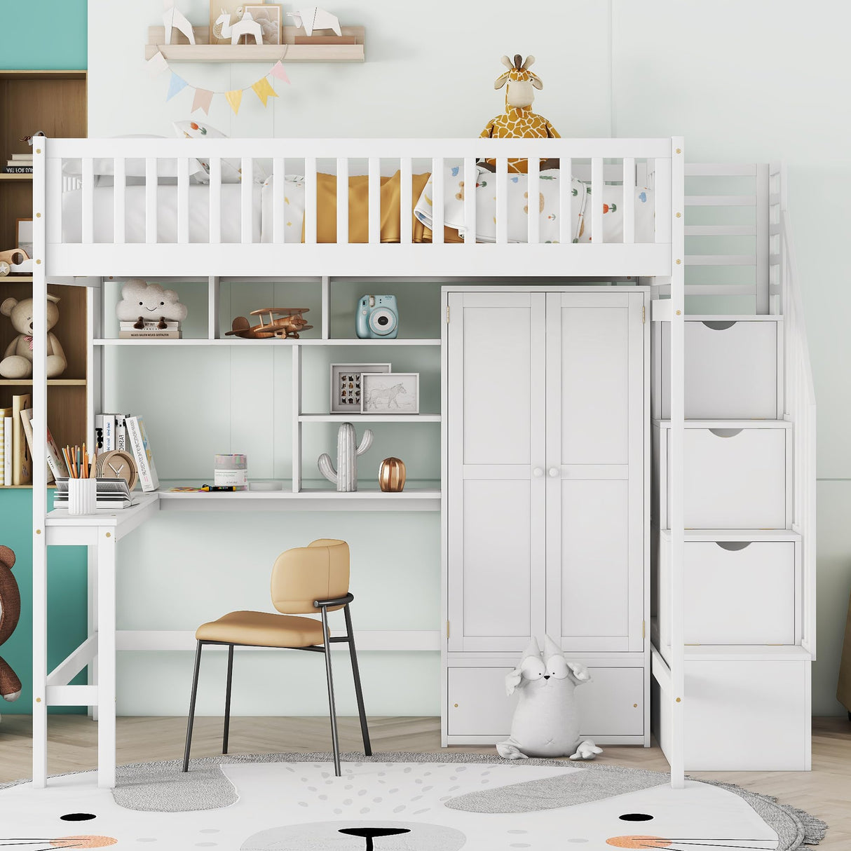 Merax Full Loft Beds Stairway Loft Bed Frame with Wardrobe, Desk, Bookshelf and Drawers, White Merax