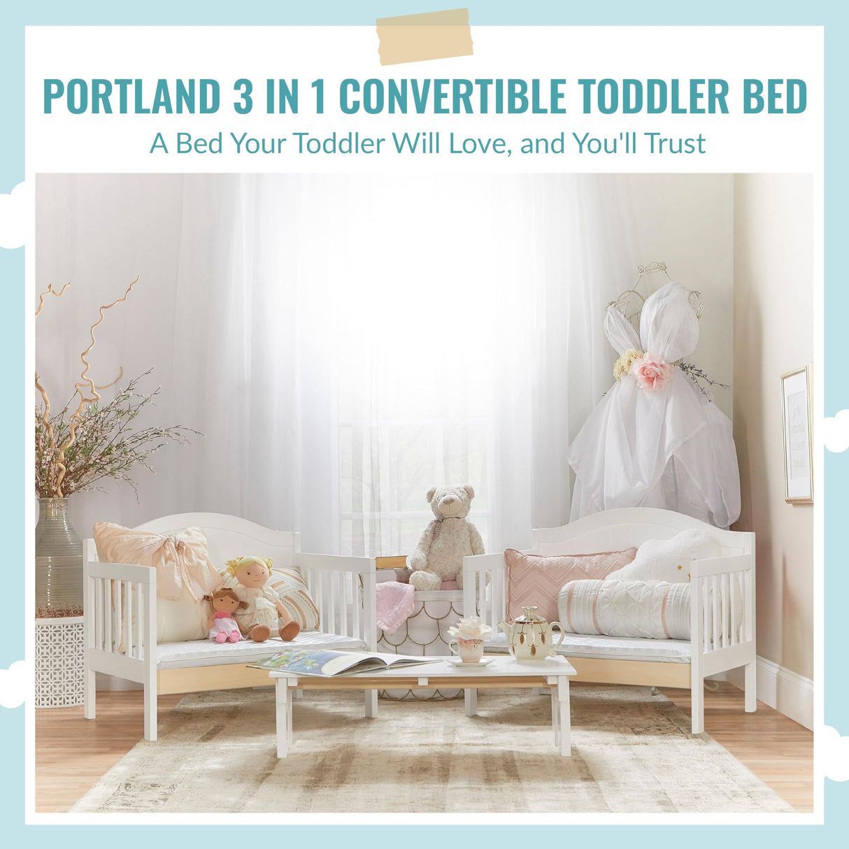 Dream On Me Portland 3 In 1 Convertible Toddler Bed in White, Greenguard Gold Certified, JPMA Certified, Low To Floor Design, Non-Toxic Finish, Pinewood Browell