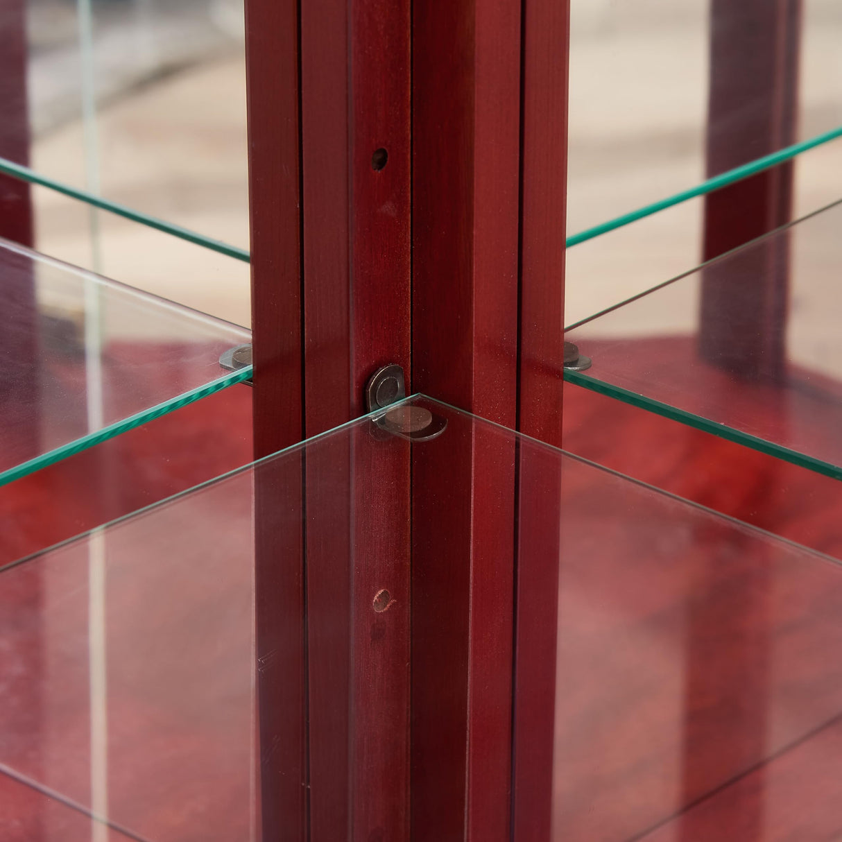 Lighted Corner Display Curio Cabinet Wooden Shelving Unit with Tempered Glass Door, Bar and Liquor Storage Area with 5 Shelves, Wine Cabinet with Curved Top Carving, Cherry CQSXDA