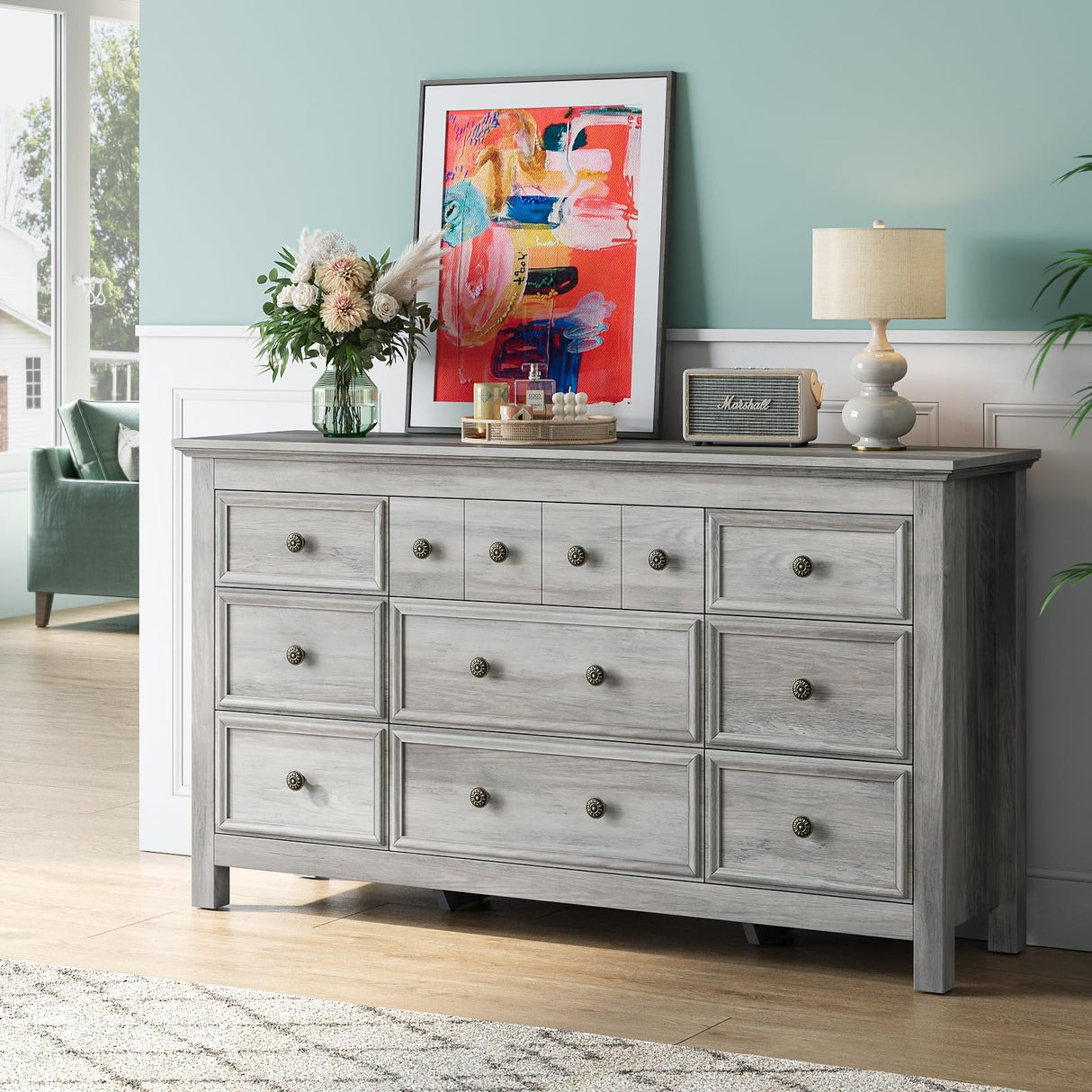 Farmhouse 9 Drawers Dresser for Bedroom, Wood Rustic Wide Chest of Drawers, TV Stand Storage Dressers Organizer for Bedroom, Living Room, Hallway,Gray LGHM