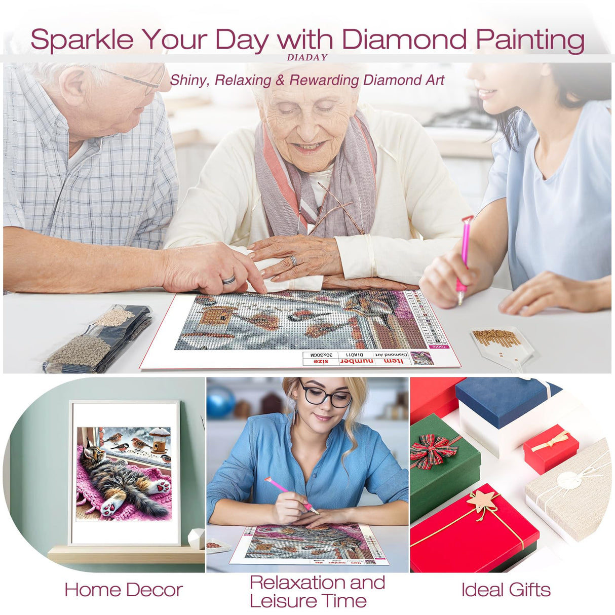 DIADAY Cat Diamond Painting Kits for Adults, 5D Full Drill Diamond Art Kits with Round Gem for Beginners, DIY Art Crafts Home Wall Decor Gift 12 x 12 Inches DIADAY