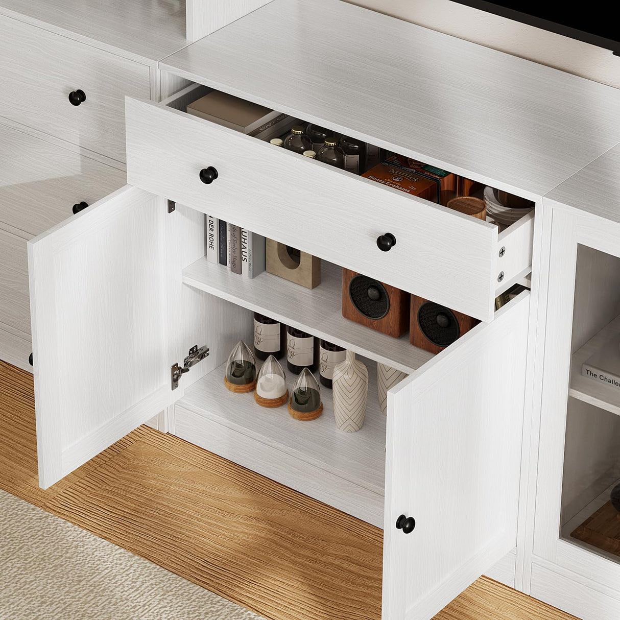 TUSY 4-Piece Large TV Stand with Bookshelves for TVs up to 75", TV Entertainment Center Media Center with Tempered Glass Doors and Shelves, TV Hutch for Living Room White (2A+2C) TUSY