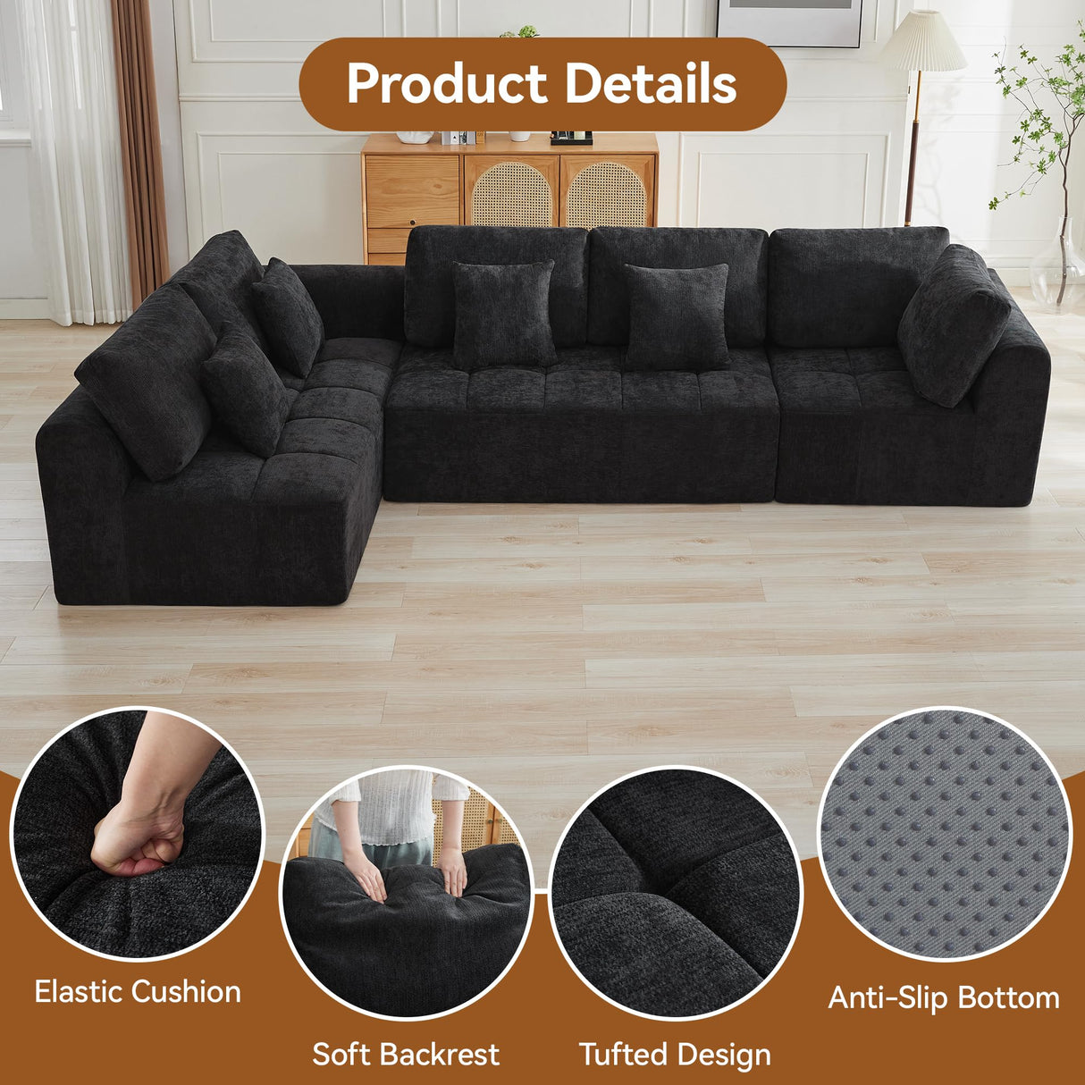 140''Modular Sectional Couches for Living Room, Cloud Boneless Compressed Sectional Sofa, Oversized L Shaped 5 Seater Upholstered Memory Foam Sofa, No Assembly, Chenille Black WUTUTUEE