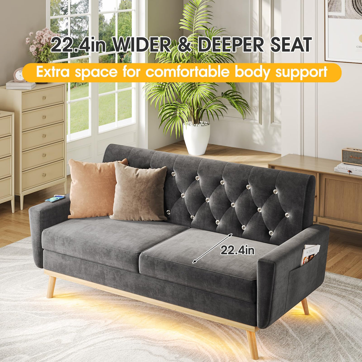 Fameill 65" Loveseat Sofa Couch, Mid Century Modern Love Seat Small Couch with Soft Cushion, LED Light, Crystal Button Tufted, Upholstered Comfy Small Couch for Living Room, Bedroom Fameill