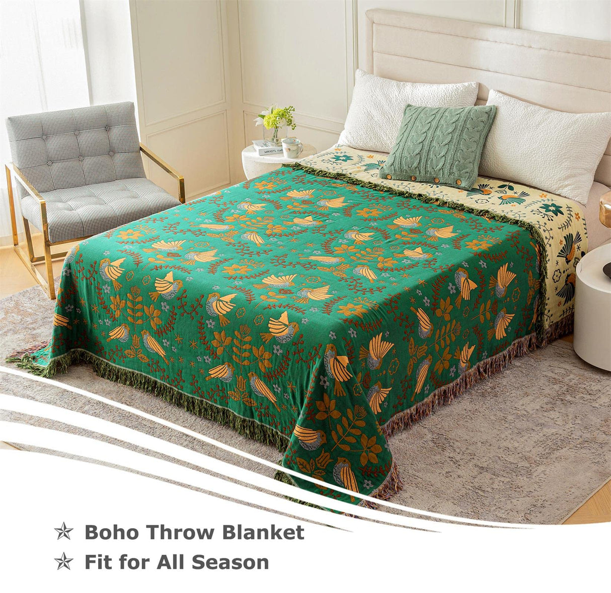 Boho Throw Blanket for Bed - 100% Cotton Ultra Soft Rustic Quilt Summer Blanket - Bird Floral Printed Farmhouse Decor Bed Blankets,60"×80" All Season Rustic Throw for Sofa Couch Chair LUTBM