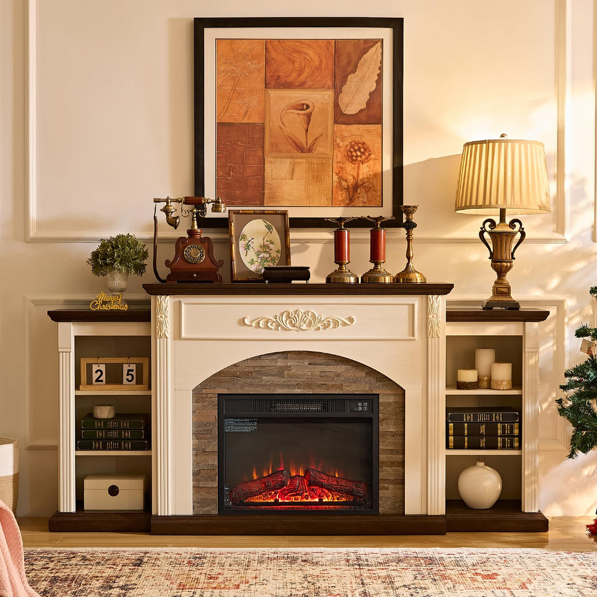 72" Electric Fireplace with Mantel, White TV Stand for TVs Up to 80 Inch, Farmhouse Entertainment Center with Storage for Bedroom,23'' Fireplace Insert Heater for Living Room BOSHIRO