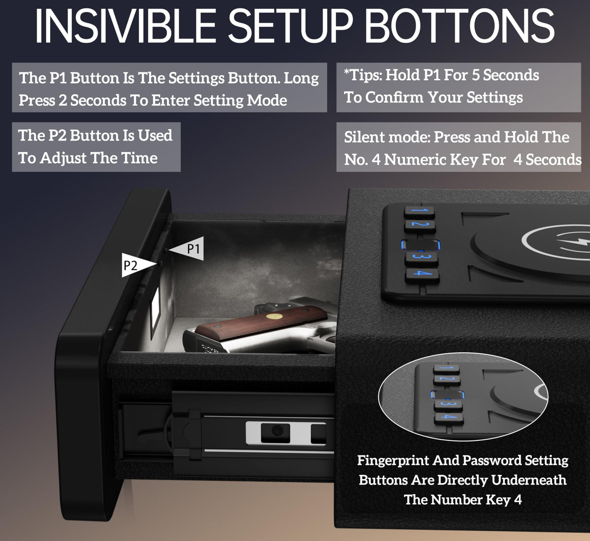 Biometric Smart Safe with Wireless Charging for Phone and Watch, 3 Quick Access Stopbox with Fingerprint Backlit Keypad - Compact Nightstand Drawer with LED Light, 24/7 Digital Clock, Bedside, Office ORARAER