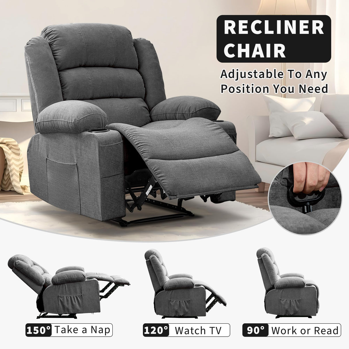 Oversized Recliner Chair for Adults Widen Overstuffed Breathable Fabric Lounge Chair with 3 Modes, 2 Cup Holders & Side Pockets Plush Chenille Reclining Sofa for Living Room PtioHavn