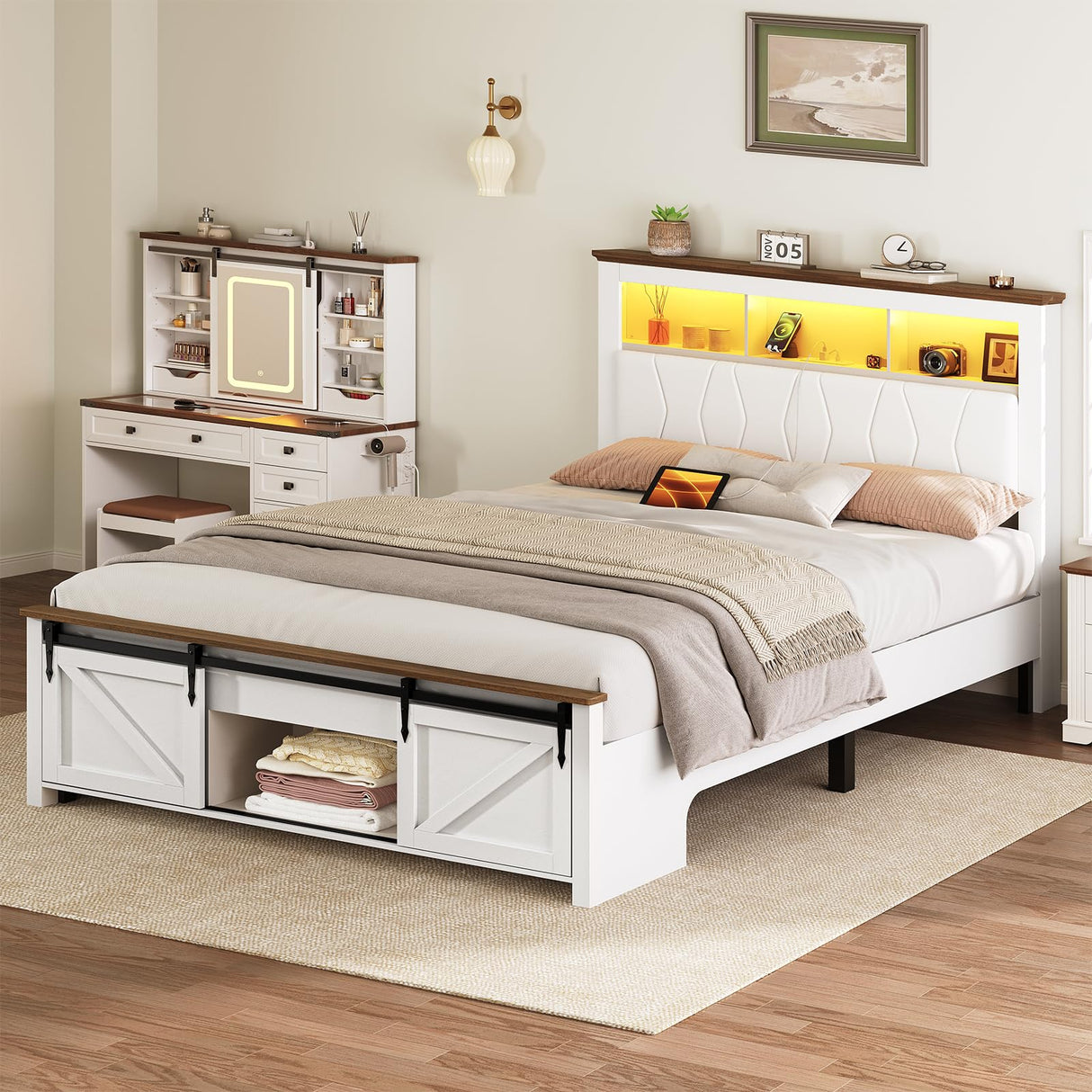 Farmhouse Full Size Bed Frame with Sliding Barn Door and Storage Bookcase, PU Leather Headboard with Charging Station and LED Light, Arc-Shaped Slats, No Box Spring Needed, No Noise, White and Walnut RALGEND