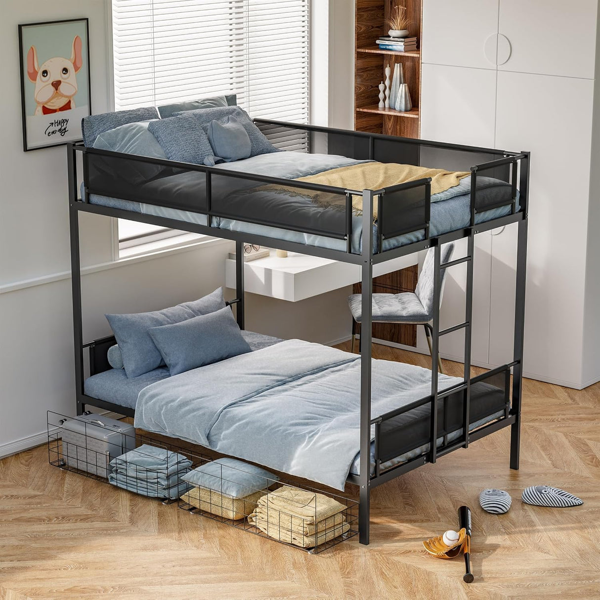 PVWIIK Queen Over Queen Metal Bunk Bed with Storage Drawers for Dorm,Bedroom,Guest Room,Heavy Duty Bunk Bed w/Ladder & Full Length Guardrail for Kids,No Box Spring Needed, Black PVWIIK