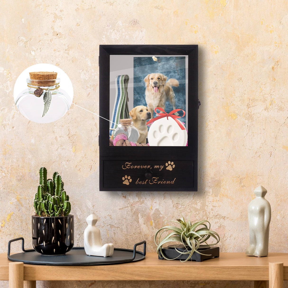 Dmnnlp Dog Memorial Shadow Box, 13.4" Pet Ashes Keepsake with Remembrance Bottle, Wall-Mountable Display Case for Dog/Cat Loss Sympathy Gifts Dmnnlp