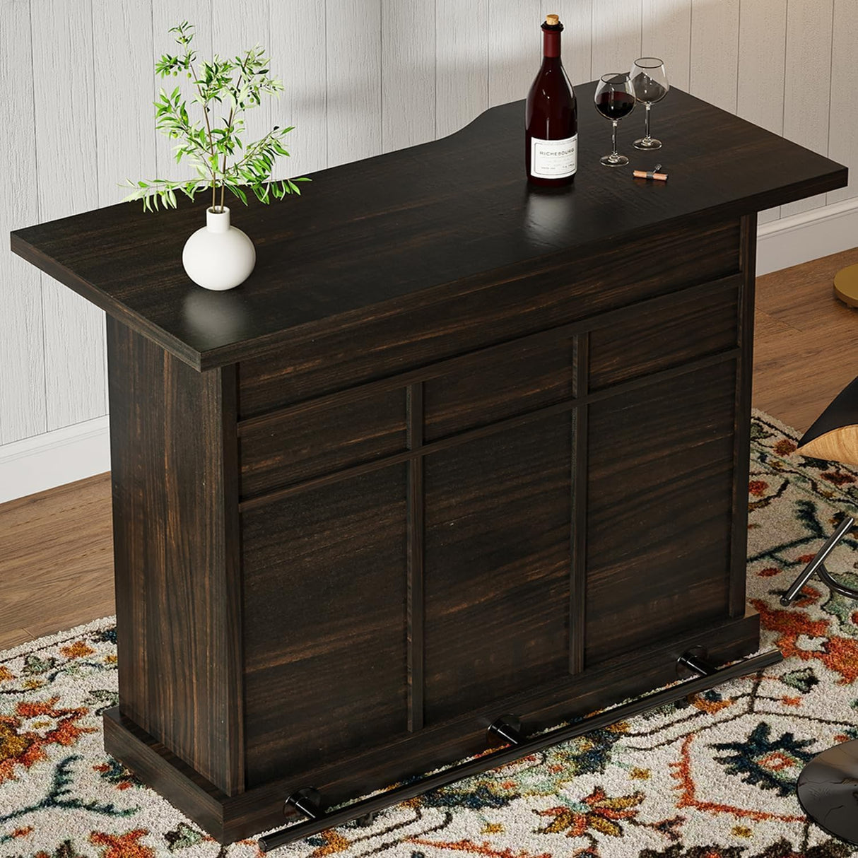 Farmhouse Home Bar Unit with 4-Tier Storage, 52 Inch Home Bar Table with 3 Drawers and 9 Wine Racks, Wine and Liquor Cabinet with Barn Door and Footrest, Indoor Bars for Home (Dark Oak) 4ever2buy