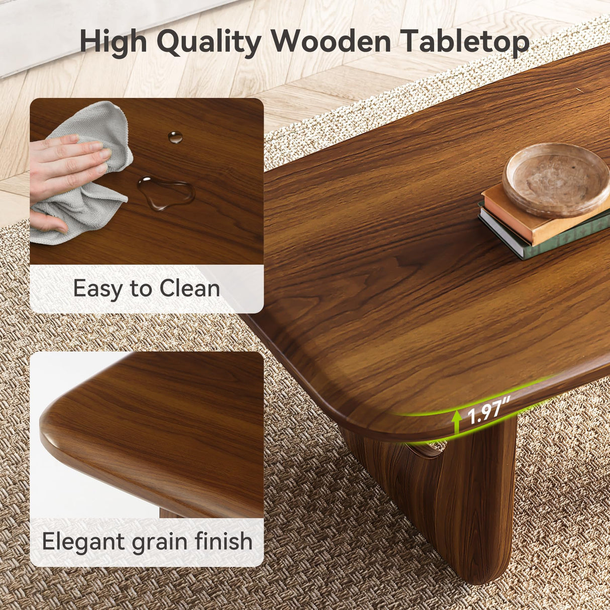 LITTLE TREE Farmhouse Coffee Table, 47 Inches Wooden Rectangular Center Tables with Rounded Corners, Modern Coffee Tables Low Cocktail Tea Furniture for Living Room (Rustic Brown) LITTLE TREE