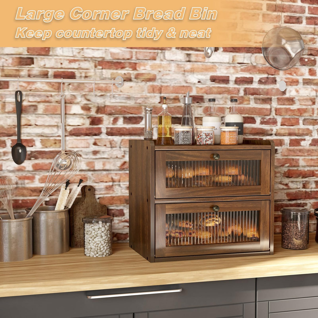Alpeir Double Layer Large Bread Box for Kitchen Counter, Wooden Corner Bread Storage Container with Acrylic Window, Retro Brown Alpeir
