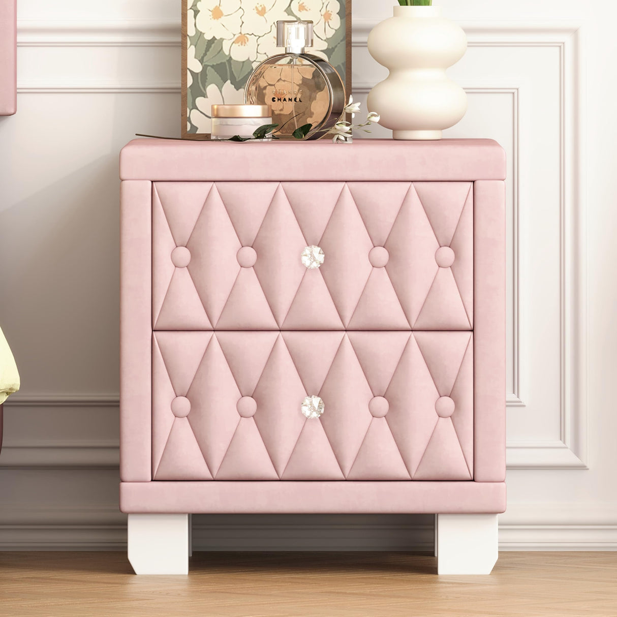 Merax Nightstand with Storage Drawers, Upholstered Velvet Bedside End Table for Small Bedroom, Pink Merax