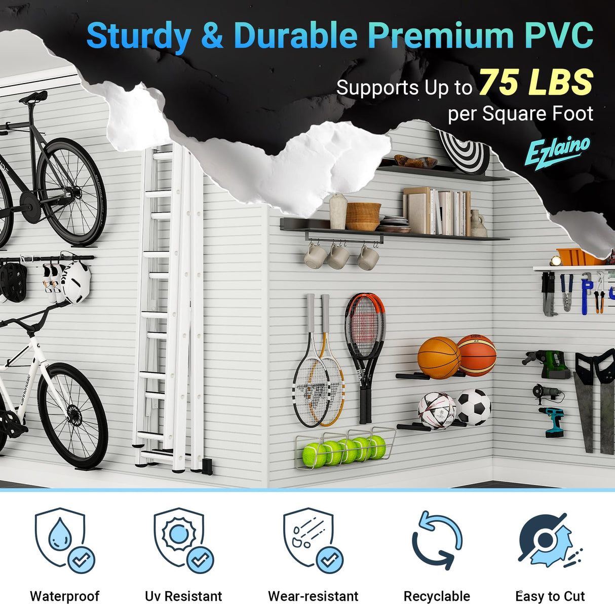 Ezlaino Slatwall Panel 4FT x 4FT, PVC Slat Wall Storage System, Waterproof, Durable& Easy to Install, Compatible with Most Hooks, Ideal for Garage Storage & Home Decoration, White Ezlaino