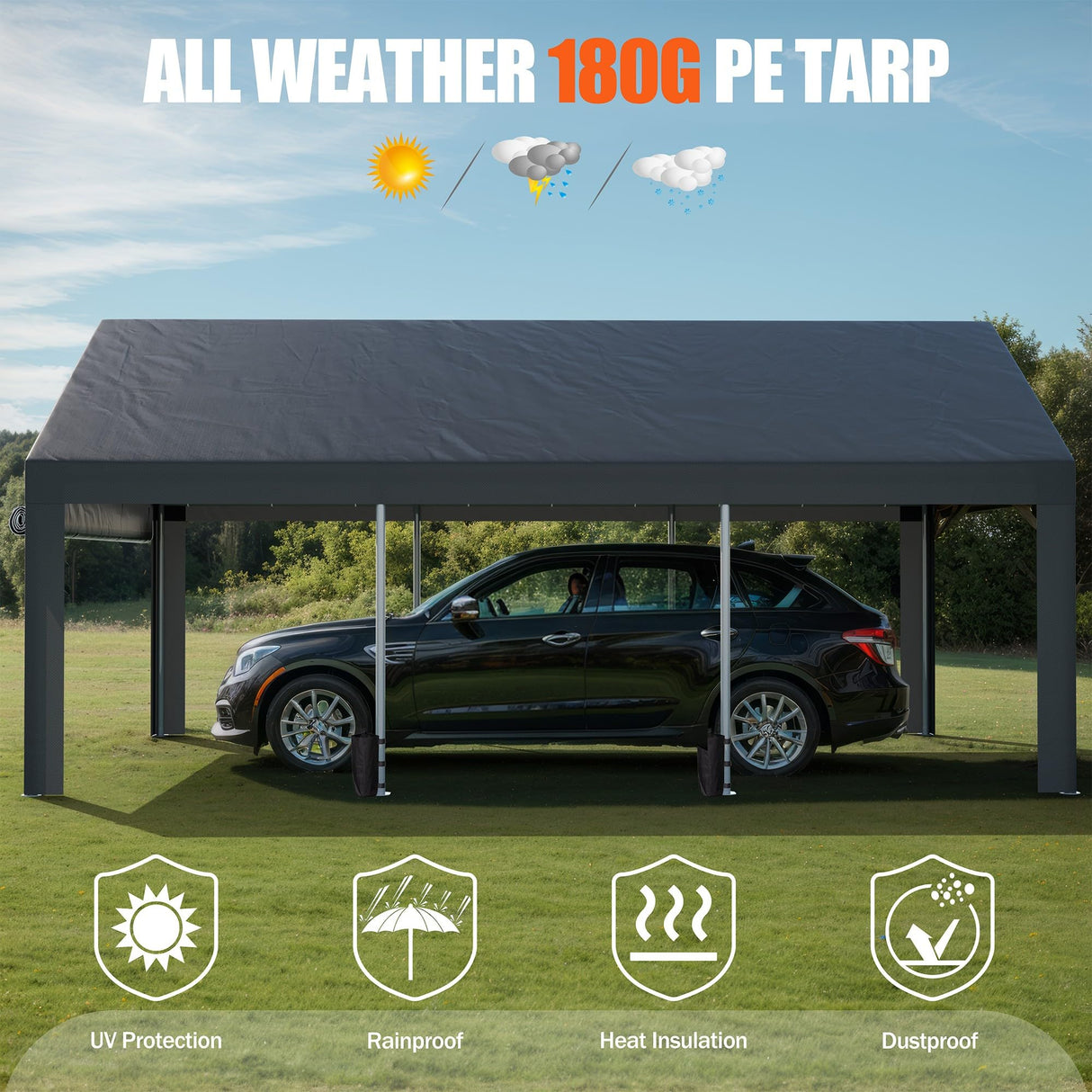 JAMFLY Carport, 12x20 ft Heavy Duty Carport with Roll-up Windows, Portable Garage with Removable Sidewalls & Doors, Car Canopy with Sandbags and All-Season Tarp for Car Boat Truck Motorcycle JAMFLY