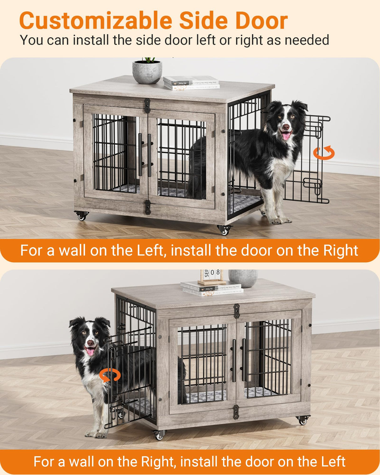Lulive Dog Crate Furniture, Dog Kennel Indoor Double Doors Wooden Dog Cage, 33'' Heavy Duty Dog Crate with Cushion & Wheels, Decorative End Table Pet House Chew-Resistant for Medium/Small Dog, Grey Lulive