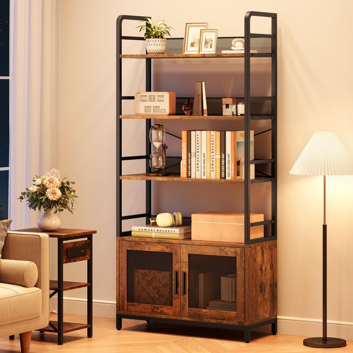 GarveeHome Bookshelf with Doors Industrial Bookcase with 4 Tiers Open Storage Shelf 70.87 in Tall Bookshelves Rustic Display Rack Cabinet for Bedroom, Living Room, Home Office, Brown GarveeHome