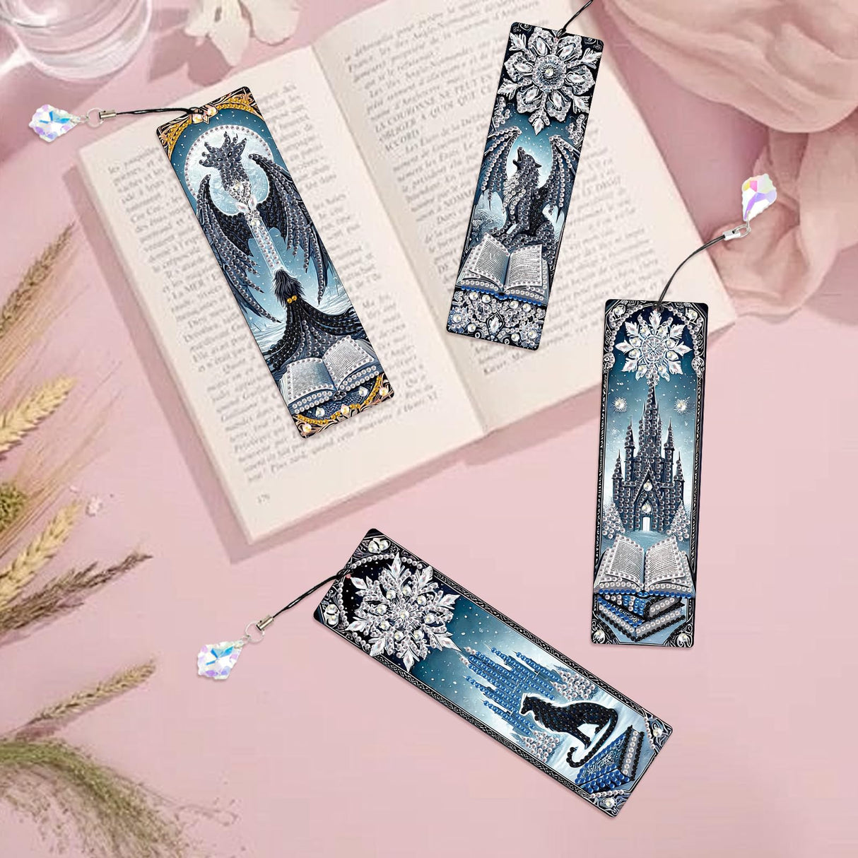 Antor 4 Pack Diamond Painting Bookmarks Kit for Adults – Snowflake Designs, DIY Halloween Themed Diamond Art Bookmarks Craft Gift Set, Small Diamond Art Projects, DIY Gemstone Bookmark Craft antor