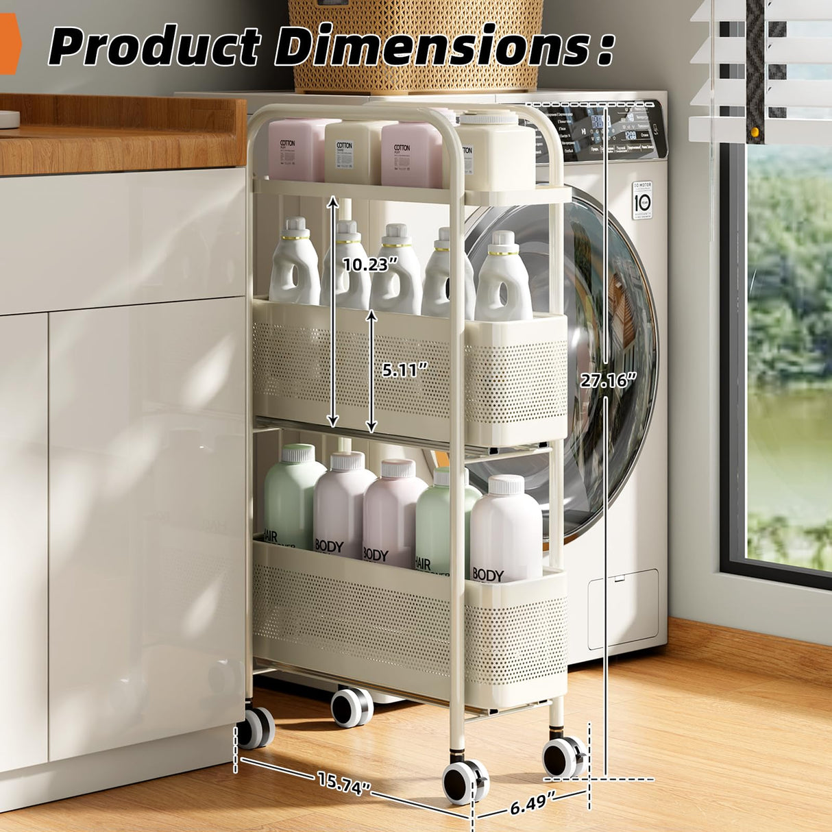 Slim Storage Cart 3 Tier with Pull Out Metal Basket Bathroom Organizer Rolling cart, Installation-Free Rolling Utility Cart Slide Out Organizer for Kitchen, Bathroom, Laundry (White, 3 Tier) CABTE