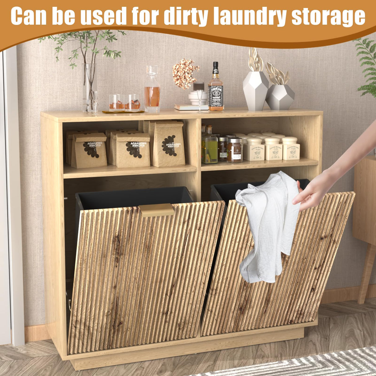 HSSZXFR 13 Gallon Trash Can Cabinet Wooden Fluted Furniture, Double Garbage Cabinet for Kitchens, Tilt Out Trash and Recycle Can Cabinet Combo Free Standing (Light Wood) HSSZXFR