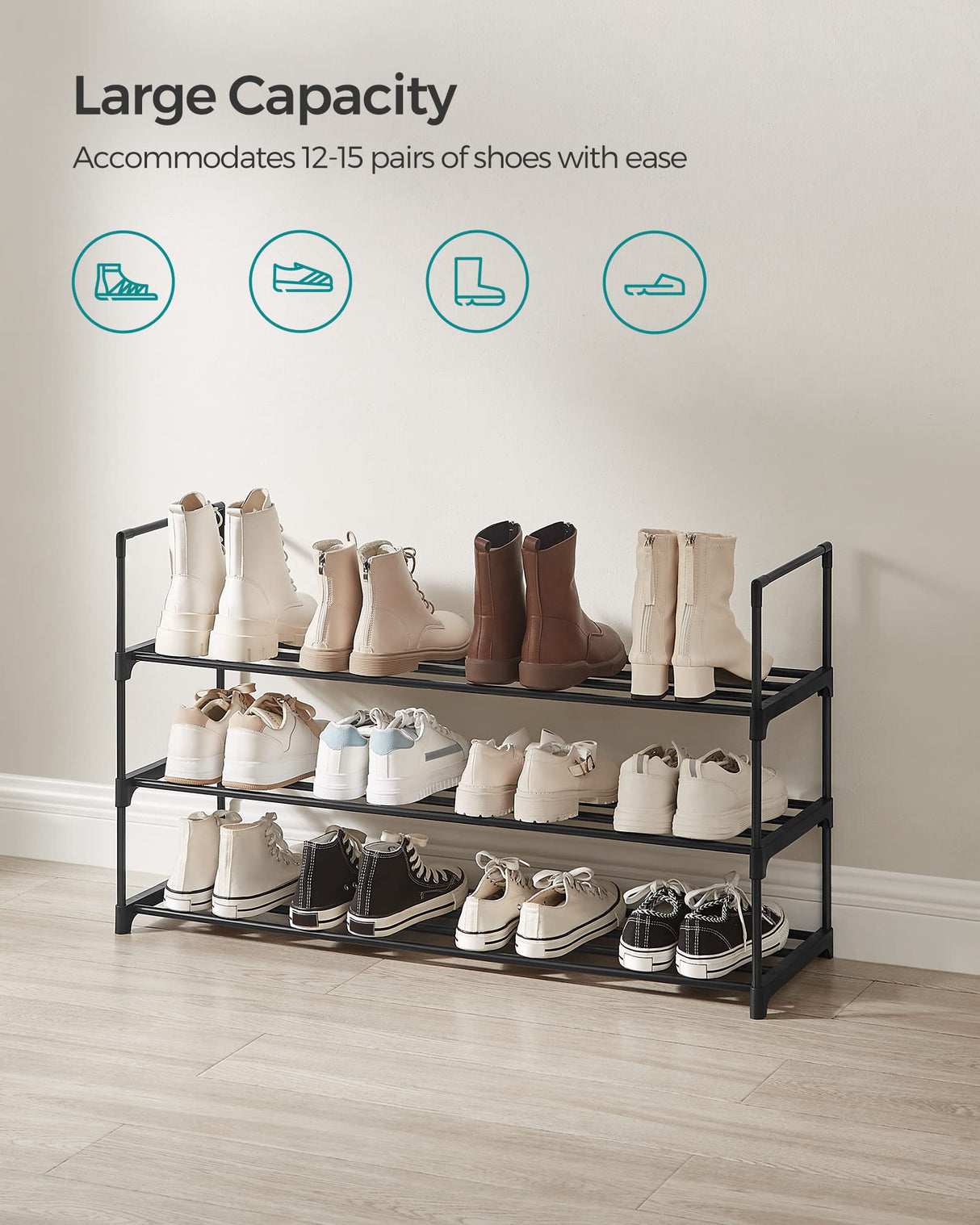 SONGMICS Shoe Rack, 3 Tier Shoe Organizer, Metal Shoe Storage Shelf for 15 Pairs of Shoes, Easy to Assemble, Entryway, Black ULSA303B02 SONGMICS