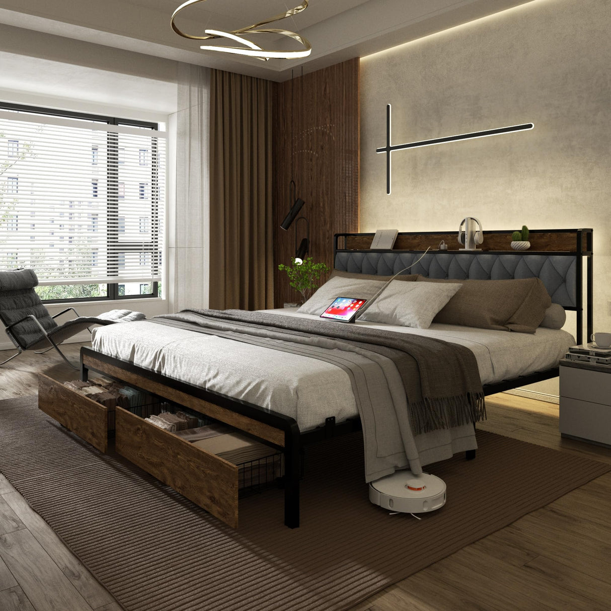 HAOARA Queen Size Metal Platform Bed Frame with 2 Storage Drawers & LED Light, Velvet Button-Tufted Headboard with Outlet & USB Charging Port, Heavy Duty, Brown Wooden Panel, No Box Spring Needed HAOARA