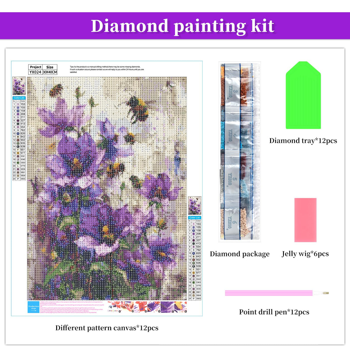 BWFY 12 Pack Diamond Art Kits for Adults,5D Diamond Painting Kits for Adults,Flower Series Paint with Numbers Diamonds for Home Wall Decor Festival Gift, 12x16 Inch BWFY