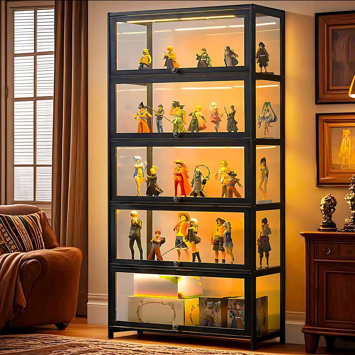 Curio Display Cabinet, 5 Tier Storage Shelves with Acrylic Glass Door, Transparent Bamboo Display Case for Figures, Display Shelves for Collectibles & Kids Bookcase for Home (Black Flip Door) iusyugh