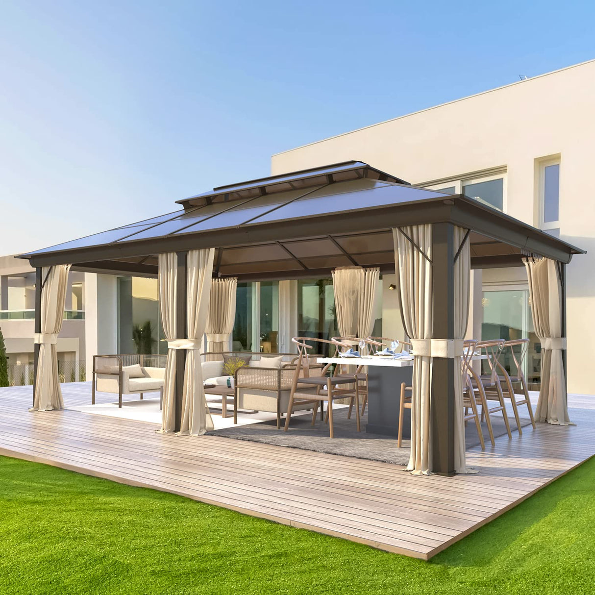 MELLCOM 12'x20' Hardtop Gazebo with Polycarbonate Double Roof, Aluminum Frame Outdoor Gazebo Permanent Pavilion with Curtains and Netting for Patio, Lawn & Garden MELLCOM