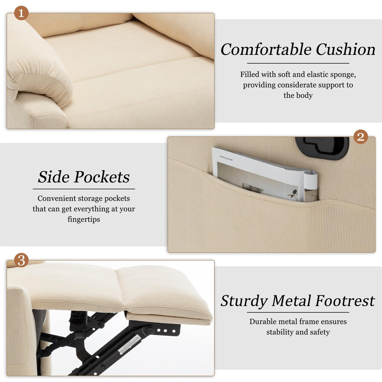 Korser Recliner Chair, Small Recliners for Small Spaces, Upholstered Manual Recliner with Side Pockets, Comfy Corduroy Chairs for Living Room, Bedroom, Reading, Beige Korser