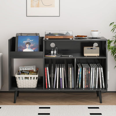 Record Player Stand with Charging Station & USB Ports, Mid-Century Turntable Stand Table Holds Up to 300 Albums, Vinyl Record Storage Cabinet with Wood Legs for Living Room Office (Black)